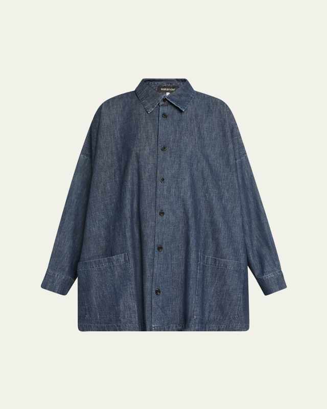 Denim Wide A-Line Shirt Jacket With Collar (Long Length)